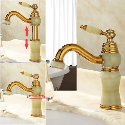 Ornate gold & green jade bathroom basin sink faucet