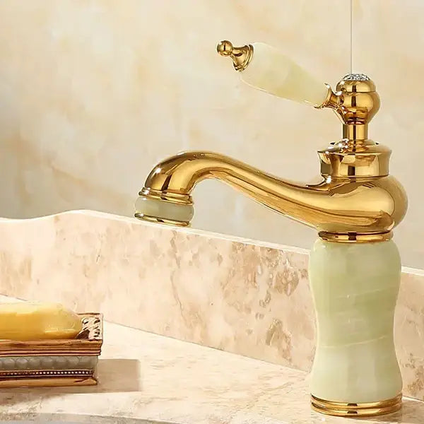 Ornate gold & green jade bathroom basin sink faucet