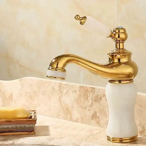 Ornate gold & green jade bathroom basin sink faucet
