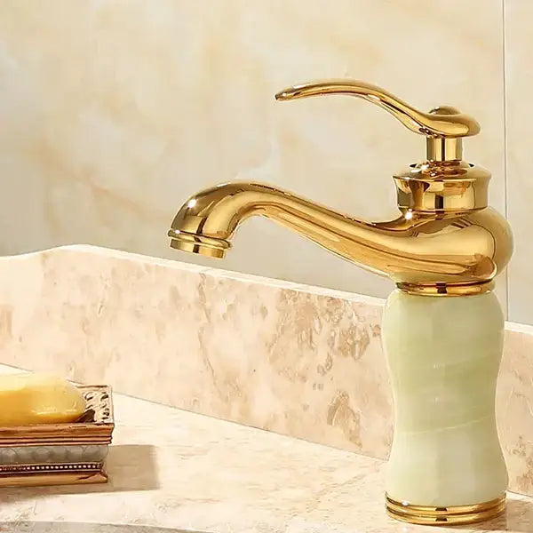 Ornate gold & green jade bathroom basin sink faucet