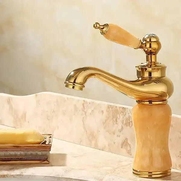 Ornate gold & green jade bathroom basin sink faucet