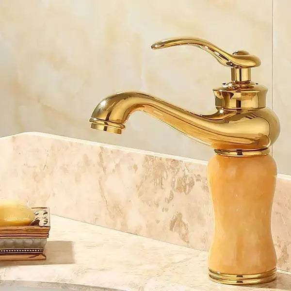 Ornate gold & green jade bathroom basin sink faucet