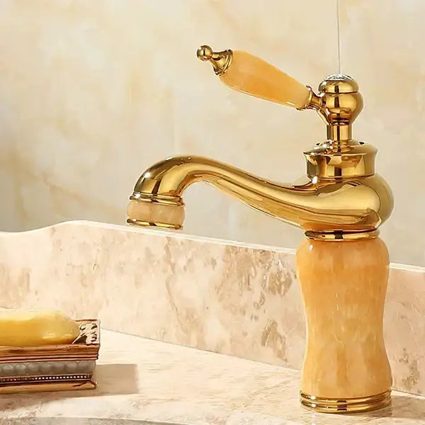 Ornate gold & green jade bathroom basin sink faucet