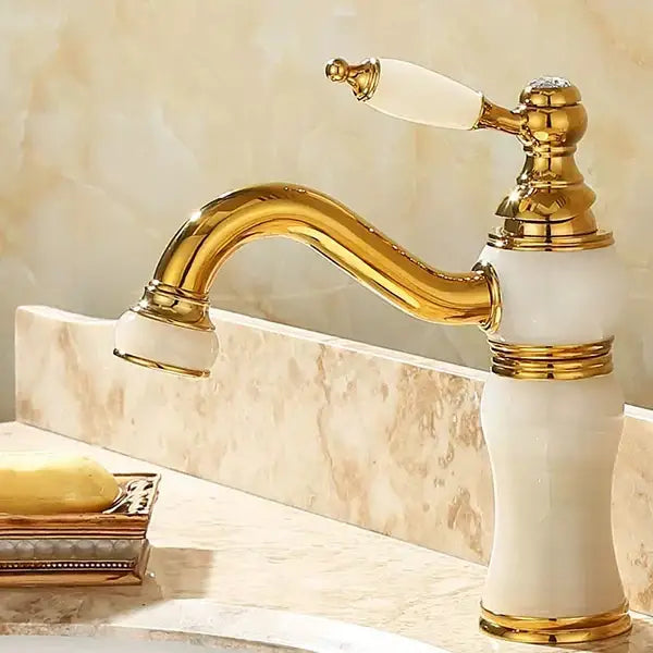 Ornate gold & green jade bathroom basin sink faucet