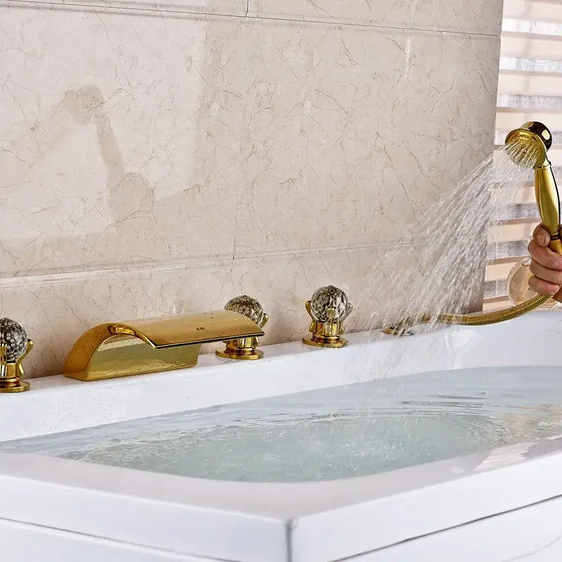 Ornate gold led waterfall bath tub faucet with handshower bathroom