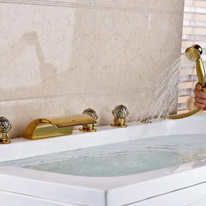 Ornate gold led waterfall bath tub faucet with handshower bathroom