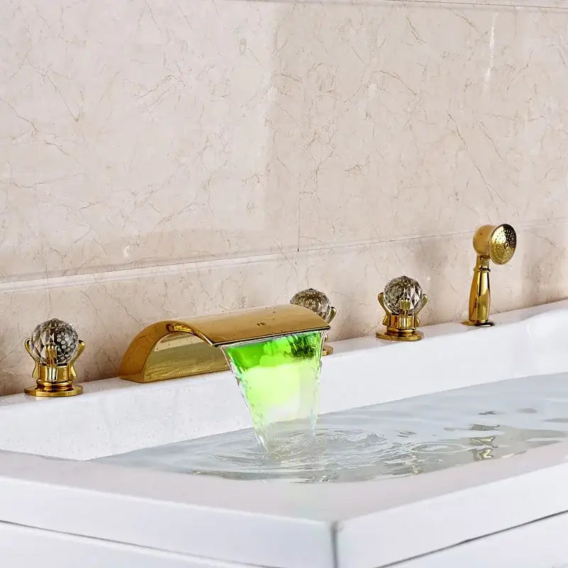Ornate gold led waterfall bath tub faucet with handshower bathroom