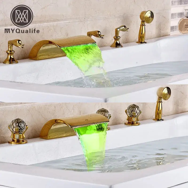 Ornate gold led waterfall bath tub faucet with handshower bathroom