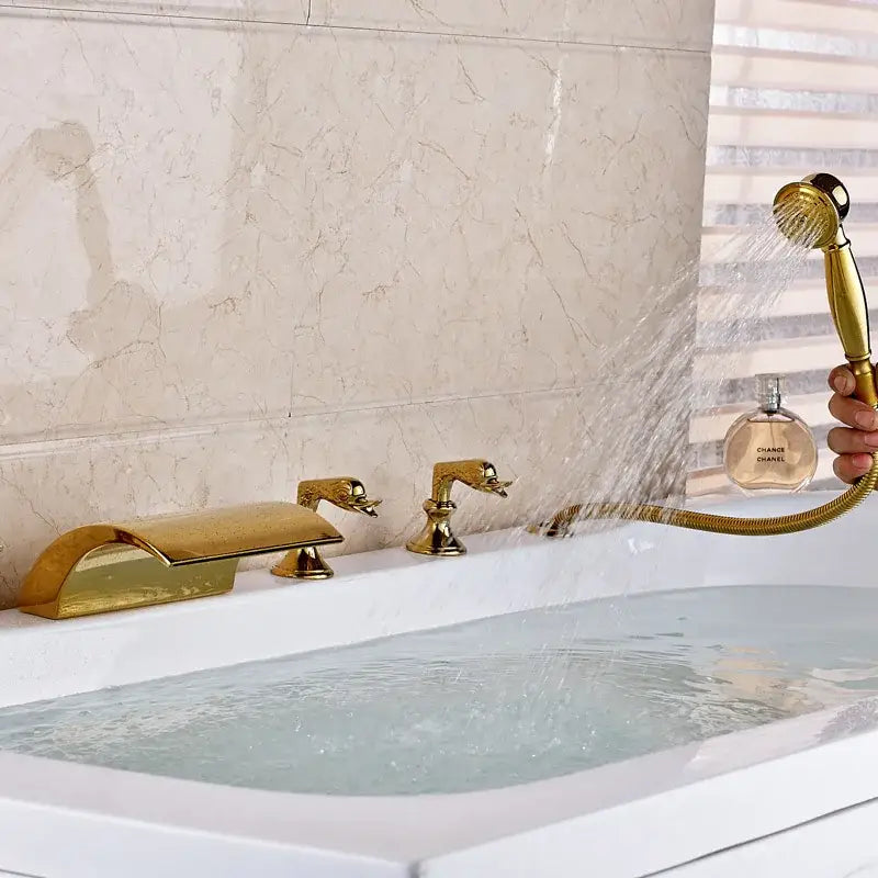 Ornate gold led waterfall bath tub faucet with handshower bathroom