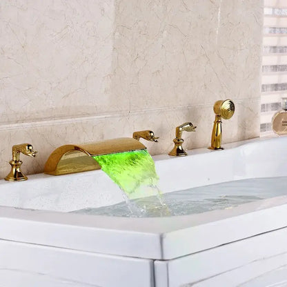 Ornate gold led waterfall bath tub faucet with handshower bathroom
