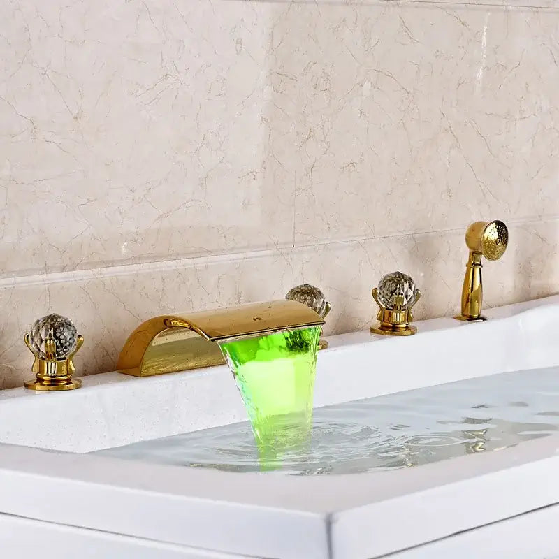 Ornate gold led waterfall bath tub faucet with handshower bathroom