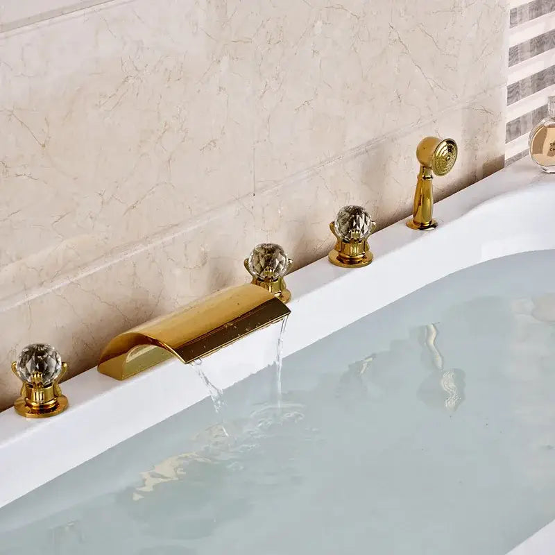 Ornate gold led waterfall bath tub faucet with handshower bathroom