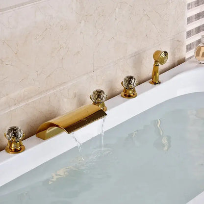 Ornate gold led waterfall bath tub faucet with handshower bathroom