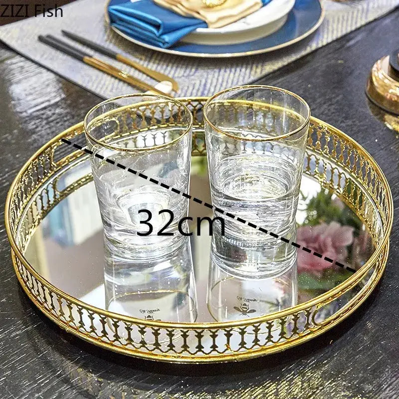 Ornate gold mirror glass storage tray bedroom jewelry decor