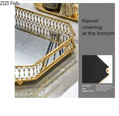 Ornate gold mirror glass storage tray bedroom jewelry decor