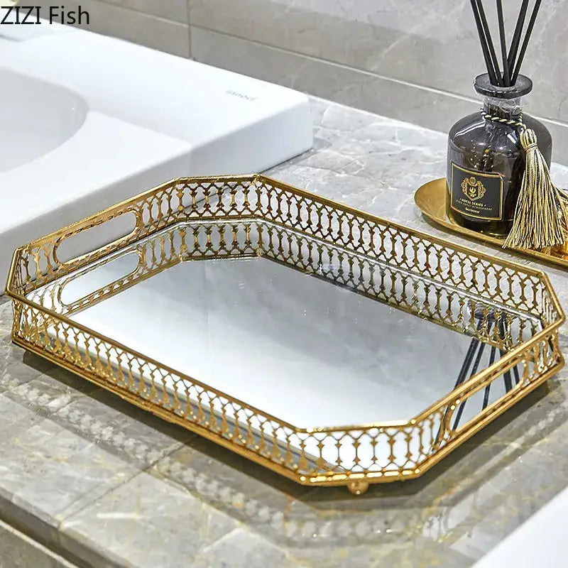 Ornate gold mirror glass storage tray bedroom jewelry decor