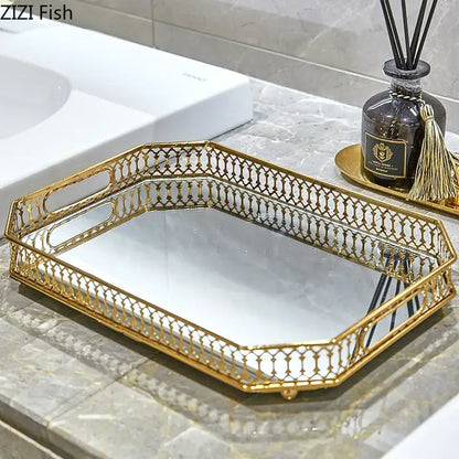Ornate gold mirror glass storage tray bedroom jewelry decor