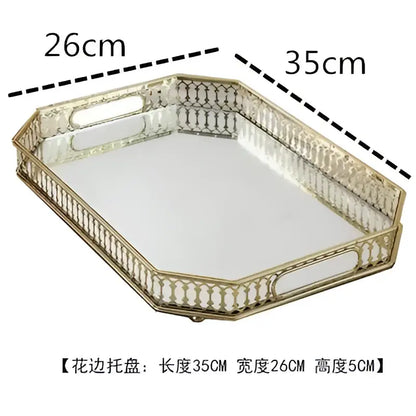 Ornate gold mirror glass storage tray bedroom jewelry decor