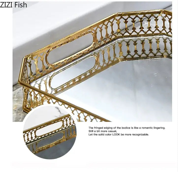 Ornate gold mirror glass storage tray bedroom jewelry decor