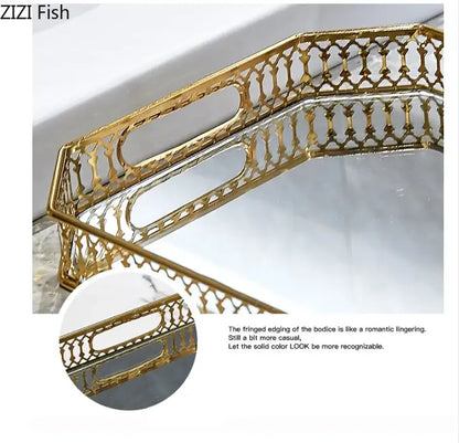 Ornate gold mirror glass storage tray bedroom jewelry decor