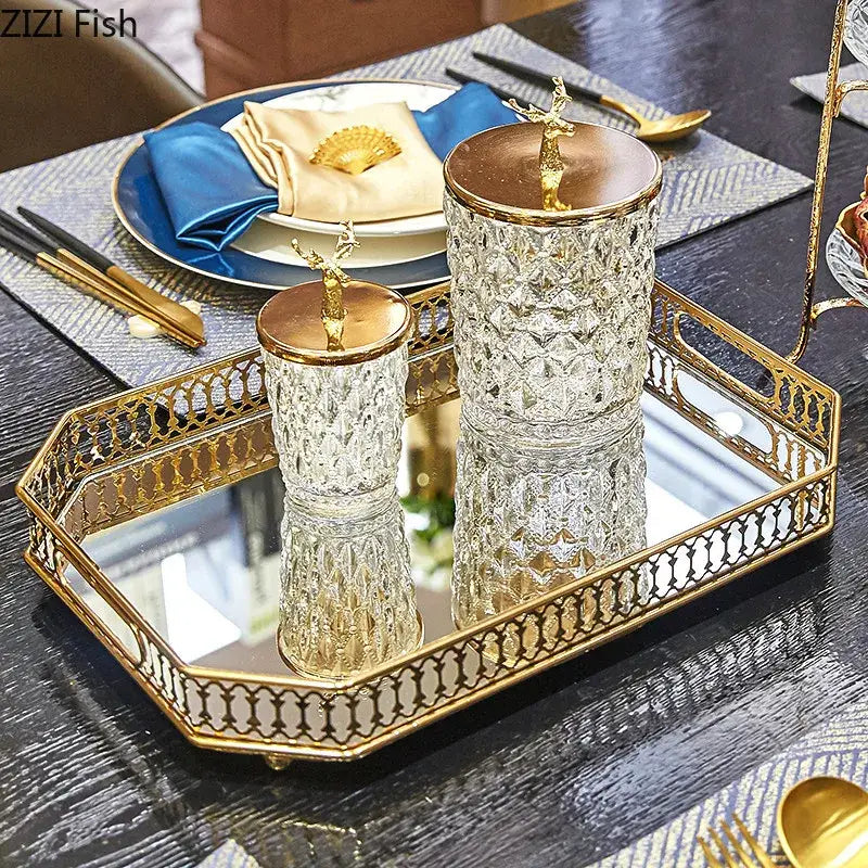 Ornate gold mirror glass storage tray bedroom jewelry decor