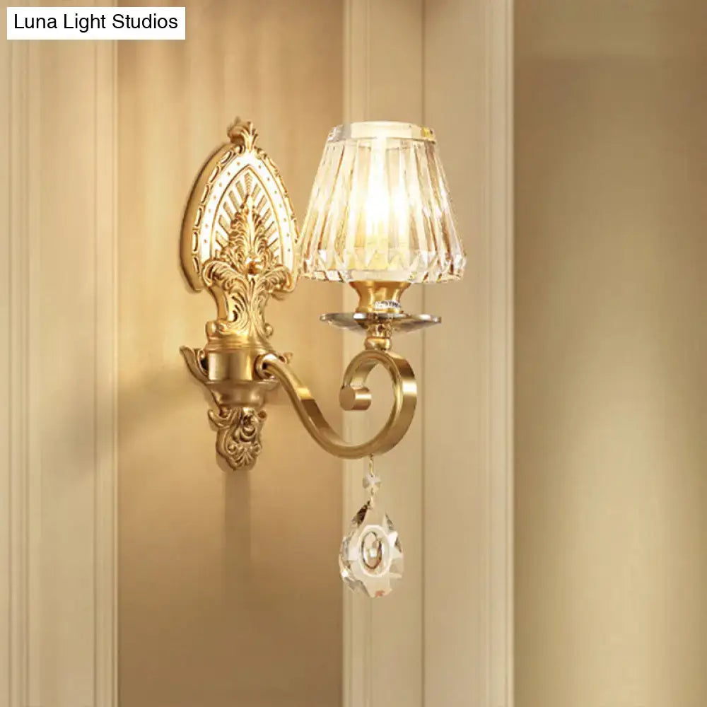 Ornate gold prismatic crystal wall sconce contemporary bedroom light