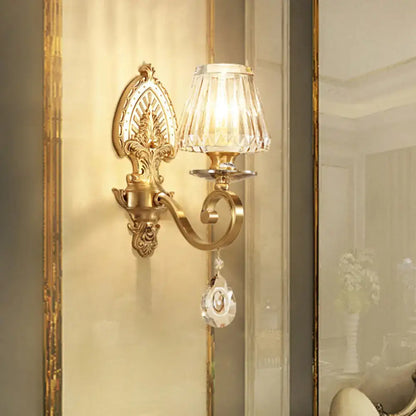 Ornate gold prismatic crystal wall sconce contemporary bedroom light
