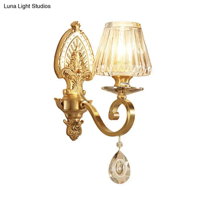 Ornate gold prismatic crystal wall sconce contemporary bedroom light