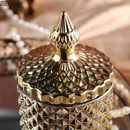 Ornate gold & rose gold faceted glass storage jar bedroom decor