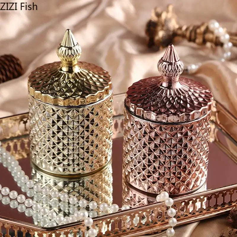 Ornate gold & rose gold faceted glass storage jar bedroom decor
