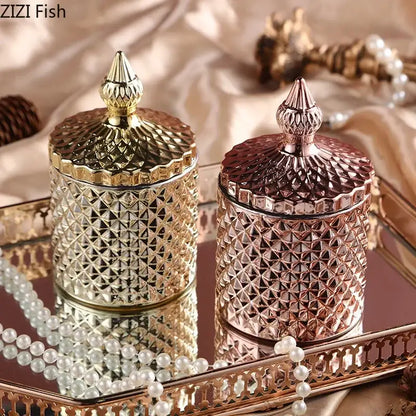Ornate gold & rose gold faceted glass storage jar bedroom decor