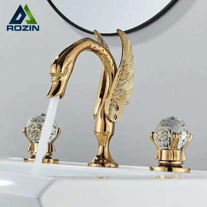 Ornate gold swan basin faucet with crystal handles for bathroom