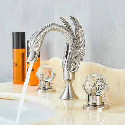 Ornate gold swan basin faucet with crystal handles for bathroom