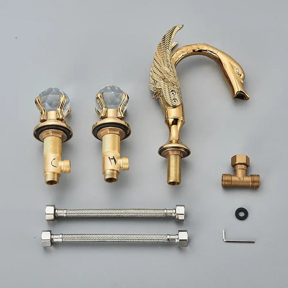 Ornate gold swan basin faucet with crystal handles for bathroom