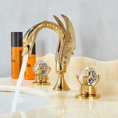 Ornate gold swan basin faucet with crystal handles for bathroom