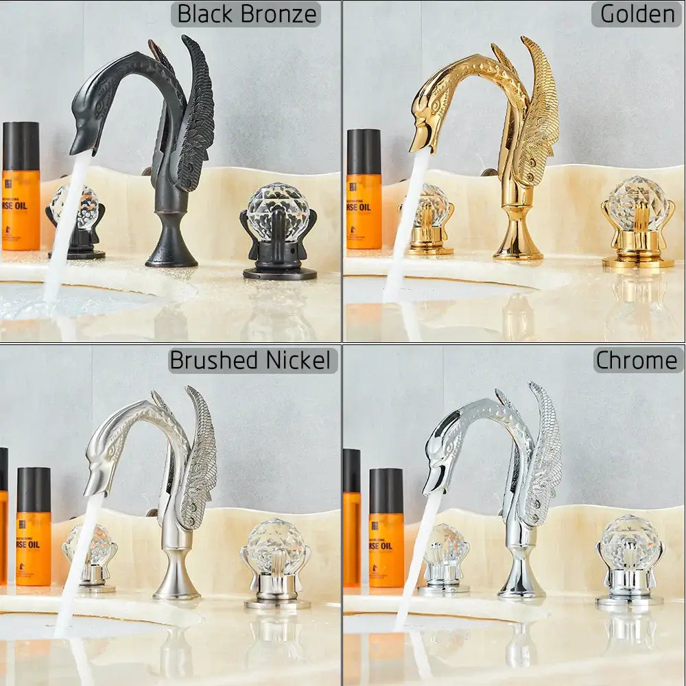 Ornate gold swan basin faucet with crystal handles for bathroom