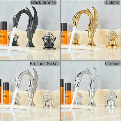 Ornate gold swan basin faucet with crystal handles for bathroom