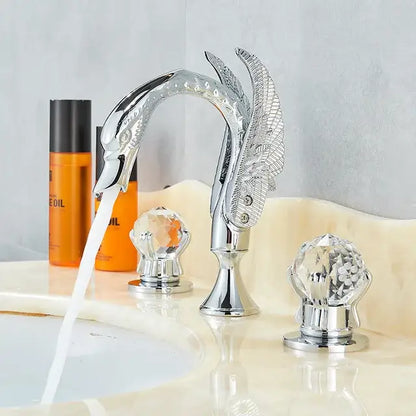 Ornate gold swan basin faucet with crystal handles for bathroom
