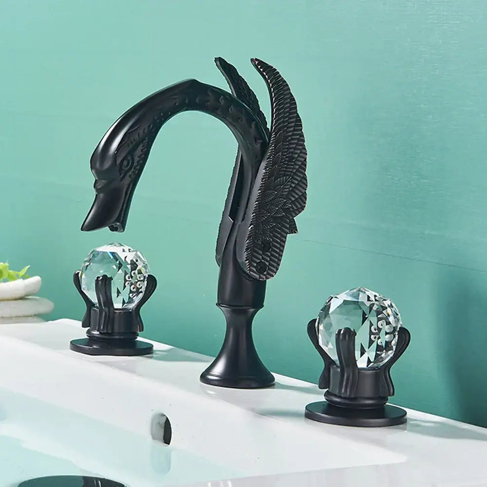 Ornate gold swan basin faucet with crystal handles for bathroom