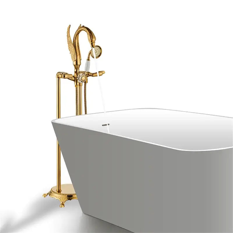Ornate gold swan bathtub mixer with handshower for bathroom