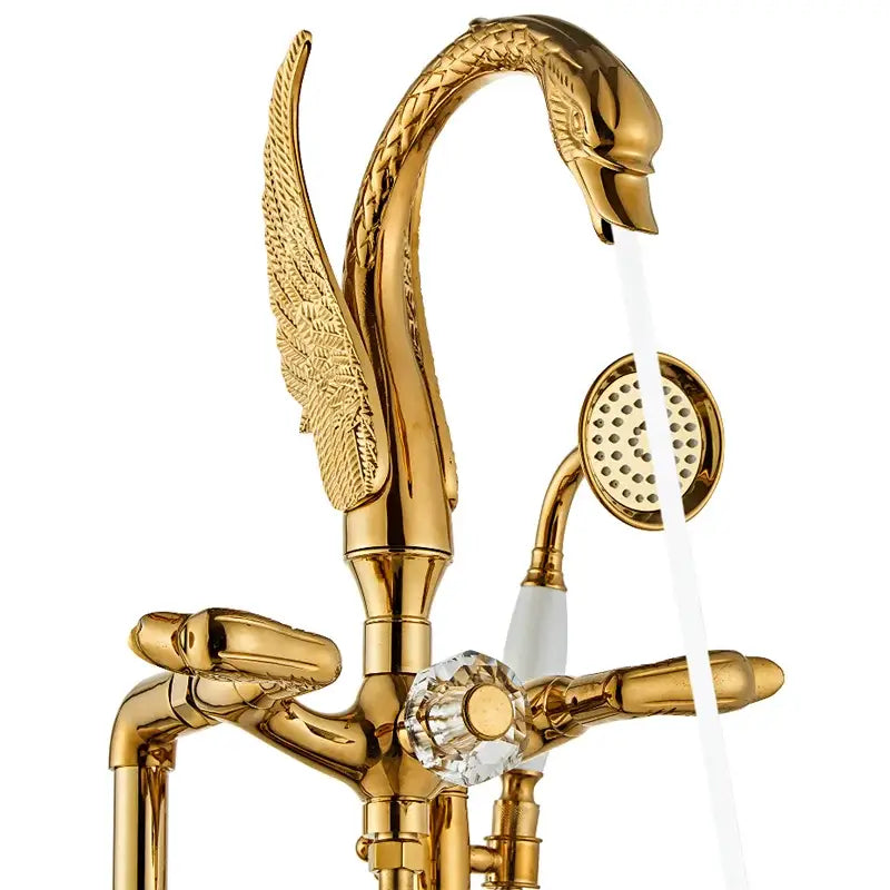 Ornate gold swan bathtub mixer with handshower for bathroom