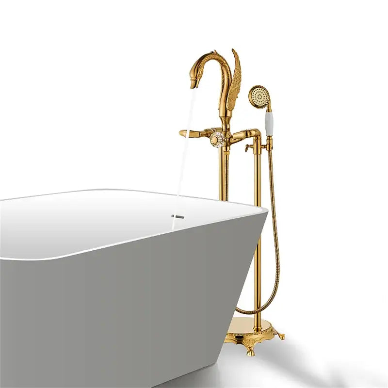 Ornate gold swan bathtub mixer with handshower for bathroom