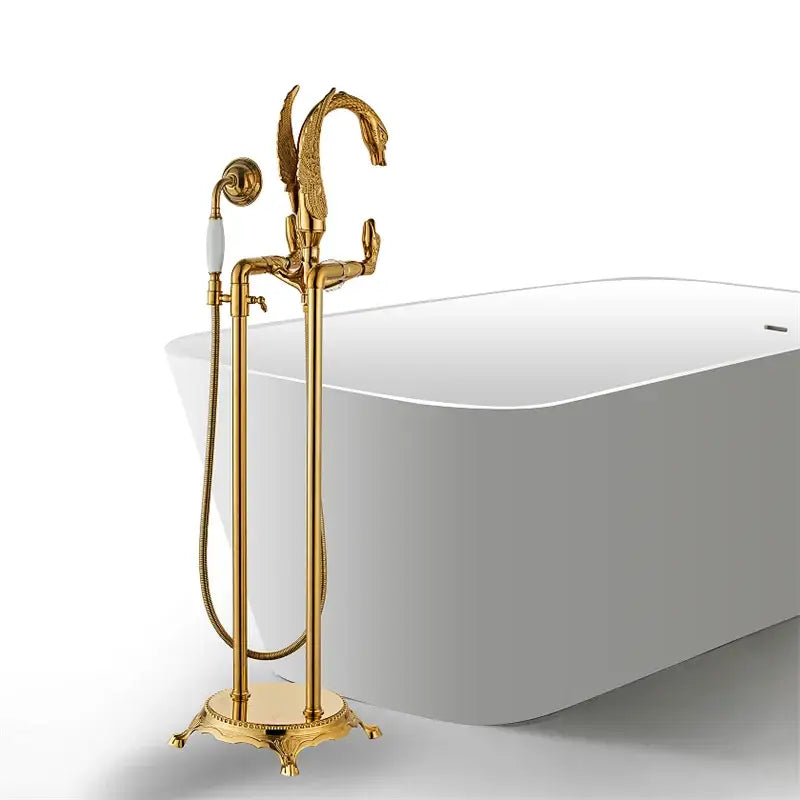 Ornate gold swan bathtub mixer with handshower for bathroom