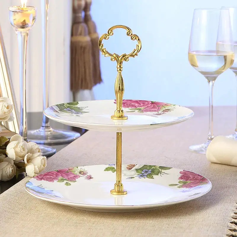 Ornate gold three tiered floral fruit plates set dining room stand