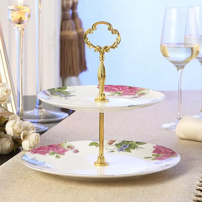 Ornate gold three tiered floral fruit plates set dining room stand