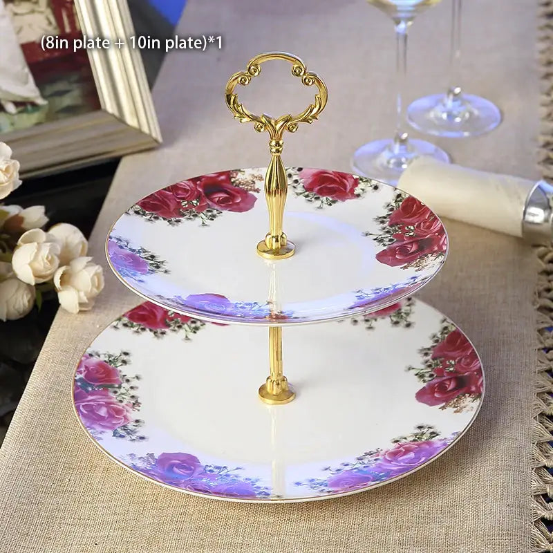 Ornate gold three tiered floral fruit plates set dining room stand