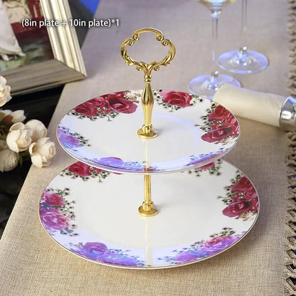 Ornate gold three tiered floral fruit plates set dining room stand