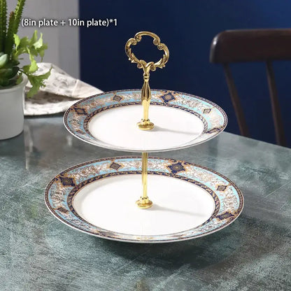 Ornate gold three tiered floral fruit plates set dining room stand