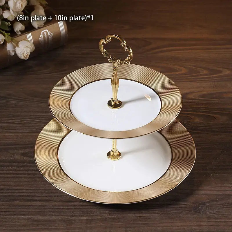 Ornate gold three tiered floral fruit plates set dining room stand