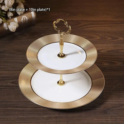 Ornate gold three tiered floral fruit plates set dining room stand